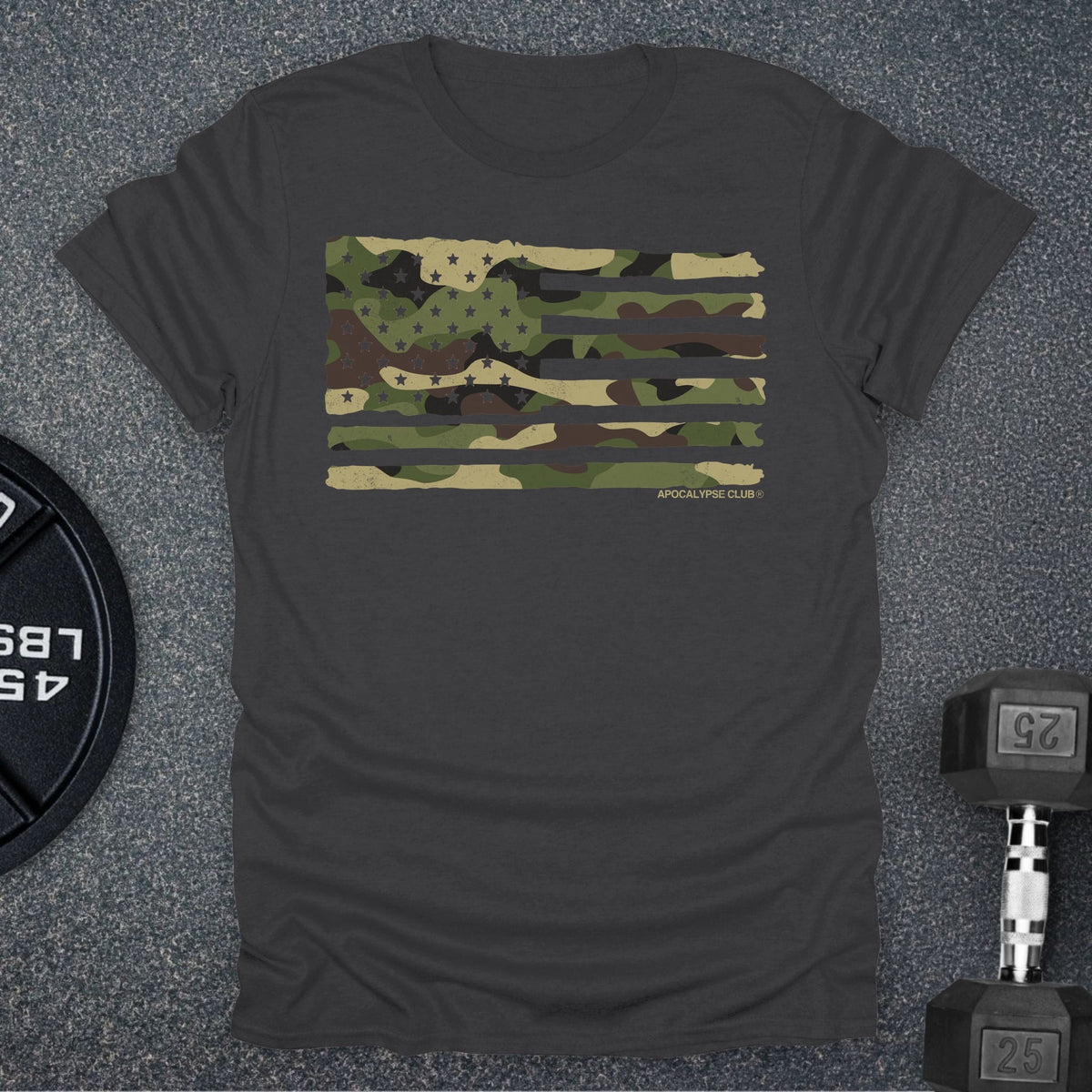 Apocalypse Club Camo Flag Charcoal gym t-shirt