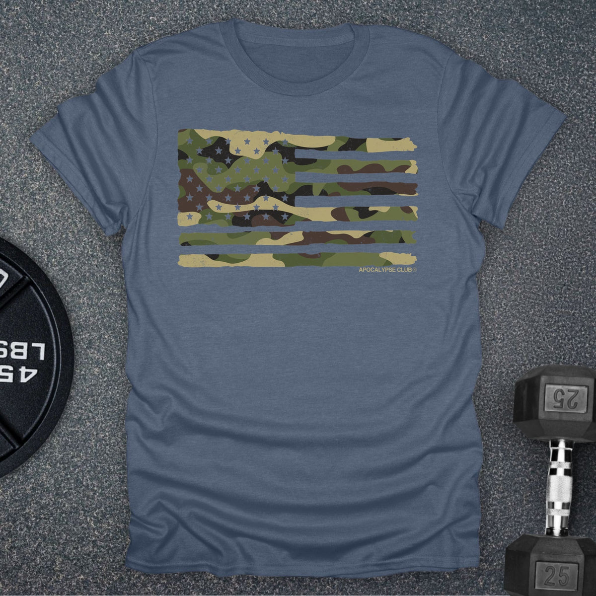 Apocalypse Club Camo Flag Heather Indigo gym t-shirt