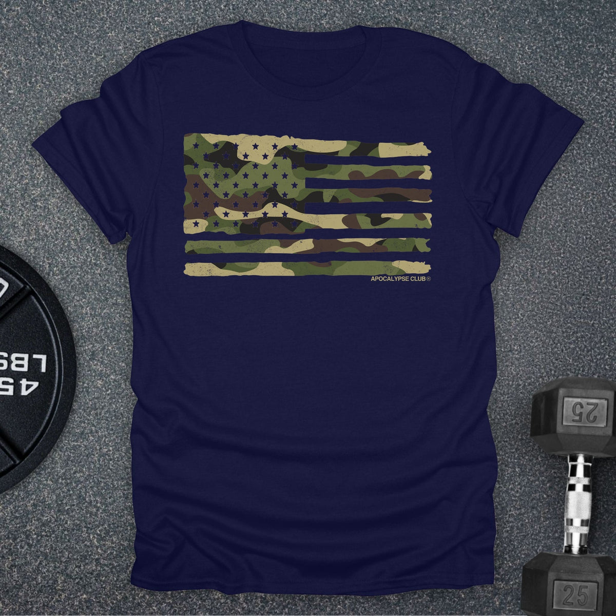 Apocalypse Club Camo Flag Navy gym t-shirt