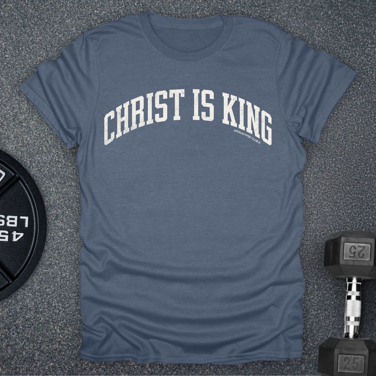 Apocalypse Club Christ Is King Varsity Heather Indigo gym t-shirt