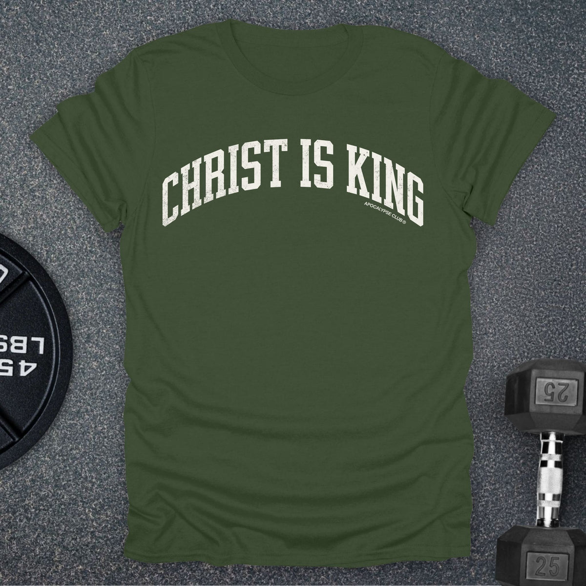 Apocalypse Club Christ Is King Varsity Military Green gym t-shirt