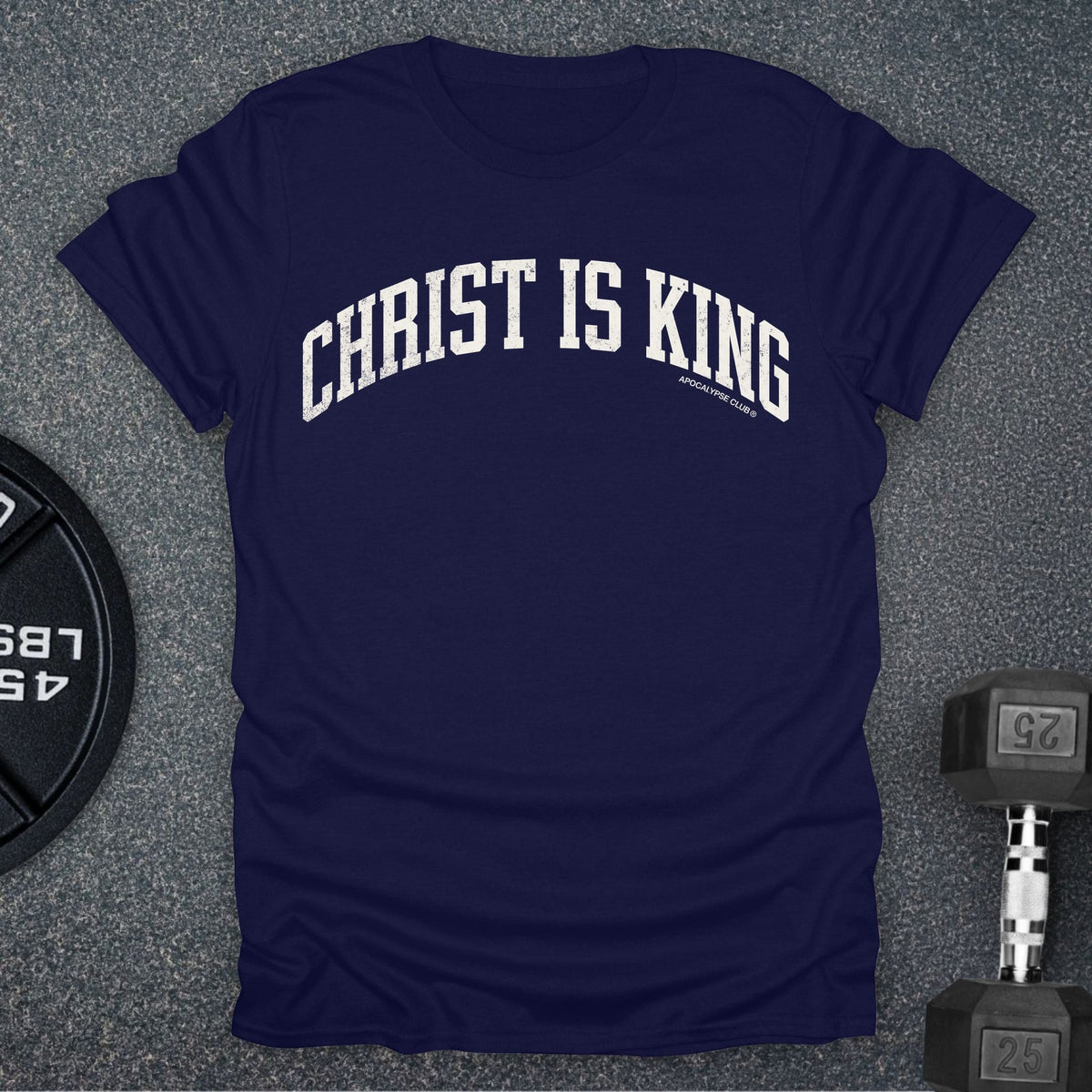 Apocalypse Club Christ Is King Varsity Navy gym t-shirt