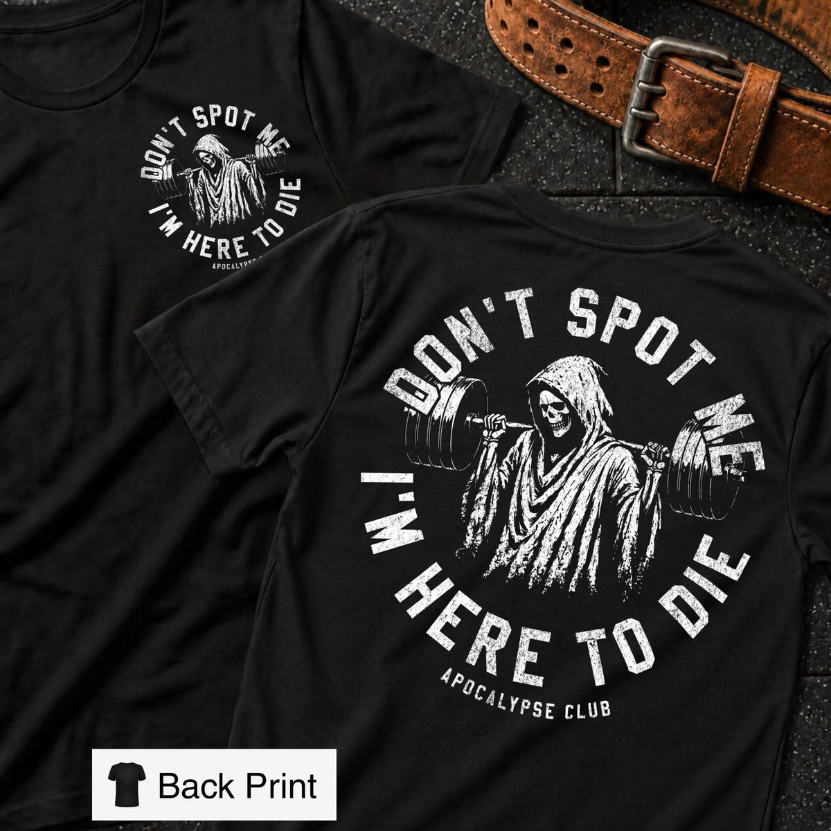 Apocalypse Club Don't Spot Me Crest Club gym t-shirt front and back print