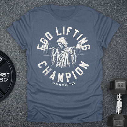 Apocalypse Club Ego Lifting Champion Heather Indigo gym t-shirt