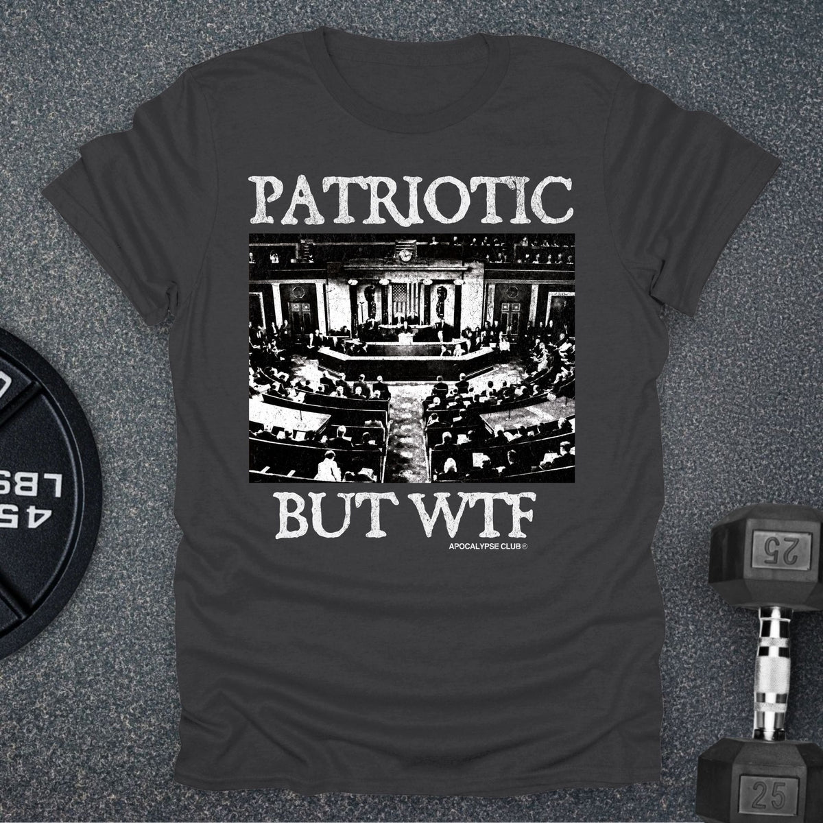 Apocalypse Club Patriotic But WTF Charcoal gym t-shirt