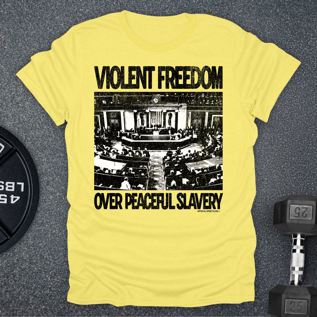 Apocalypse Club Violent Freedom Cornsilk gym t-shirt