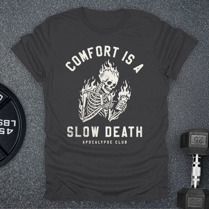 Apocalypse Club Comfort Is A Slow Death Charcoal gym t-shirt