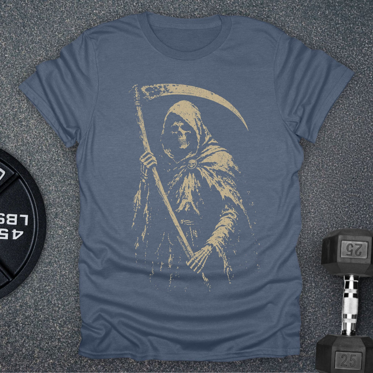 Apocalypse Club Death Can Wait Heather Indigo gym t-shirt