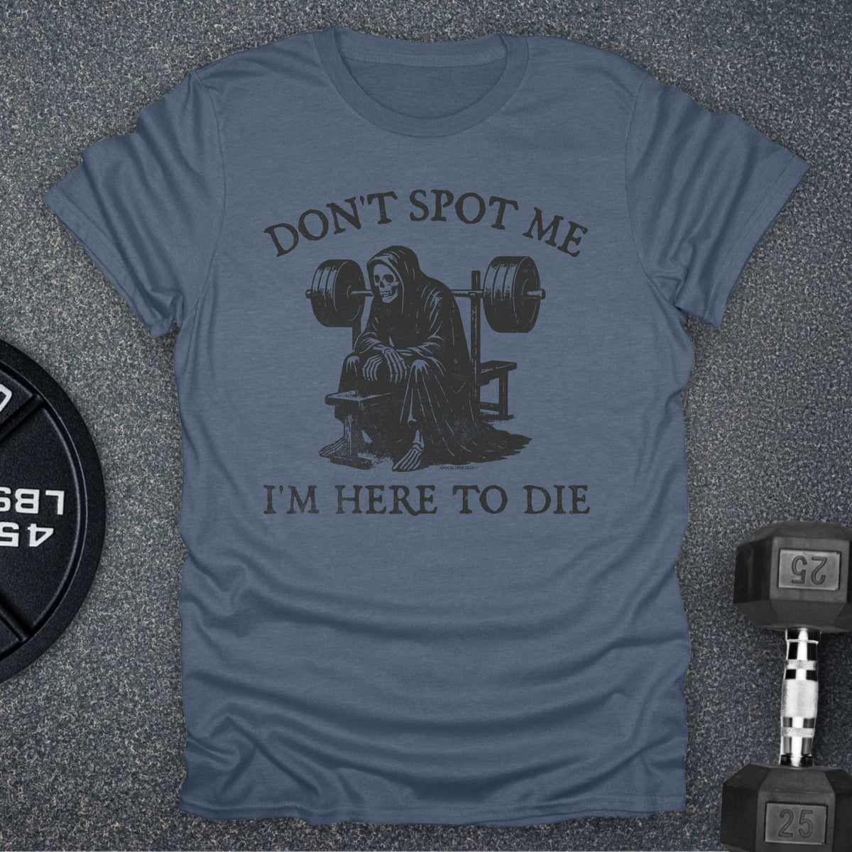 Apocalypse Club Don't Spot Me Reaper Heather Indigo gym t-shirt