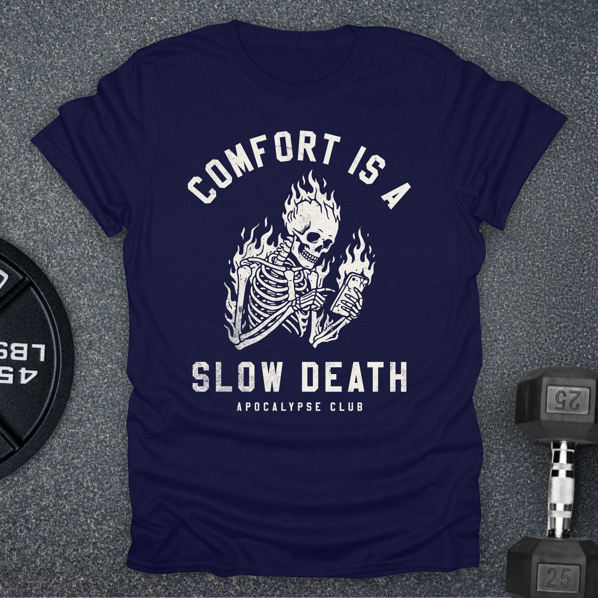 Apocalypse Club Comfort Is A Slow Death Navy gym t-shirt