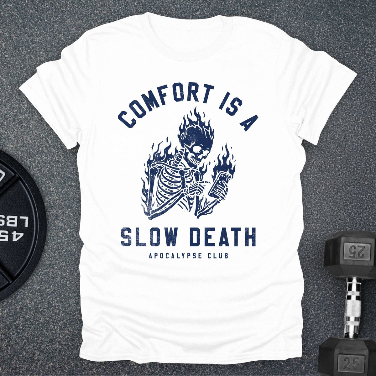 Apocalypse Club Comfort Is A Slow Death White gym t-shirt